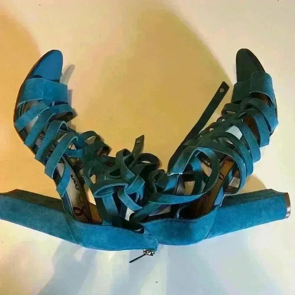 Sam Edelman Teal Blue Leather Strappy Chunky Heel, Size 8 - Picture 10 of 11